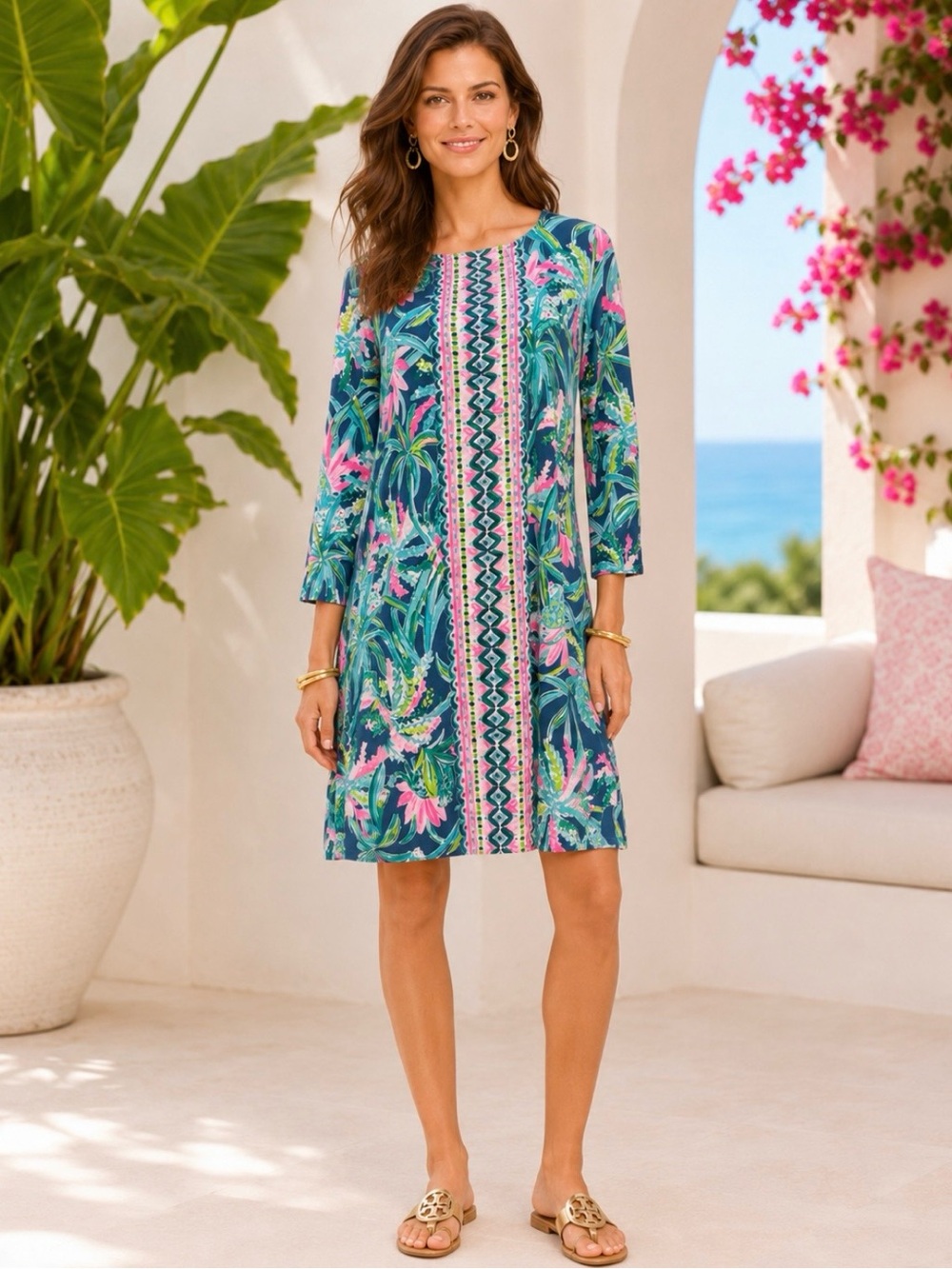 Lilly Pulitzer Women’s Printed Shift Ophelia Dress Sz M 3/4 Sleeve Rayon Spandex